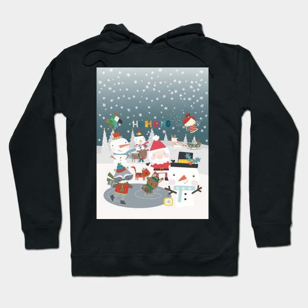 Fun greeting card with Santa and friends having a Christmas party outside Hoodie by marina63